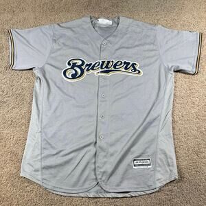 Majestic Milwaukee Brewers Baseball Jersey Gray Button Front MLB Mens Size Large